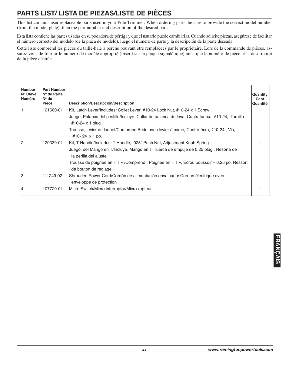 Parts list/ lista de piezas/liste de pièces, Français | Remington Axcess AT3017B User Manual | Page 41 / 44