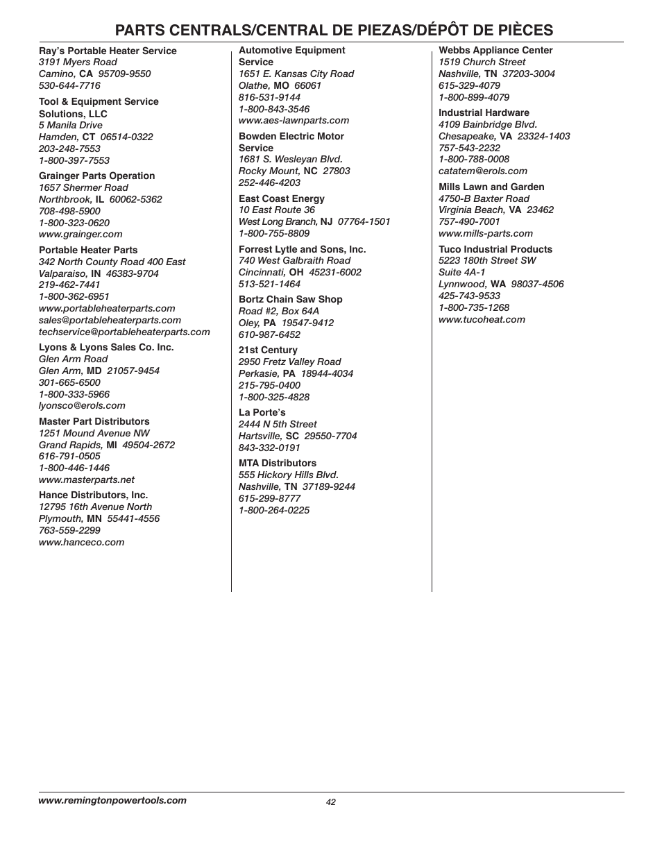 Parts centrals/central de piezas/dépôt de pièces | Remington Axcess AT3017B User Manual | Page 42 / 44