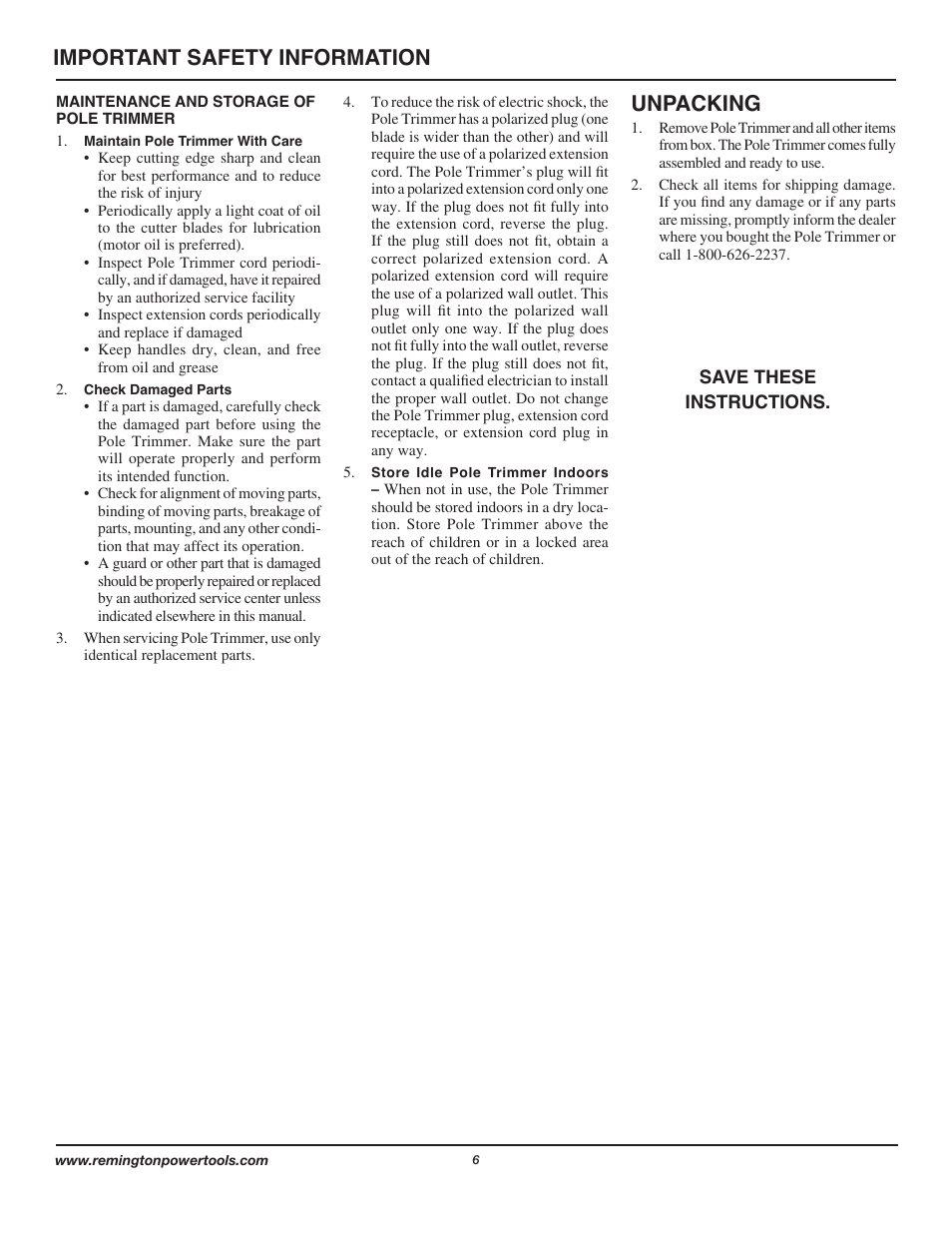 Unpacking, Important safety information | Remington Axcess AT3017B User Manual | Page 6 / 44