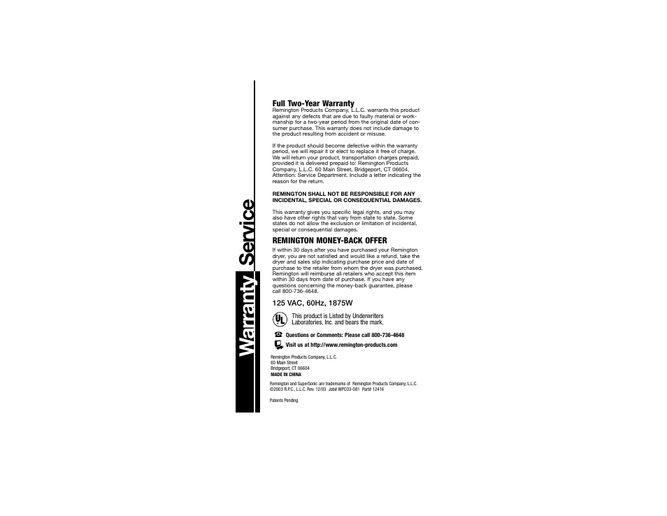 Warranty service | Remington SSD-500 User Manual | Page 6 / 6