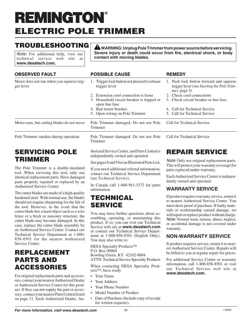 Electric pole trimmer, Troubleshooting, Servicing pole trimmer | Repair service, Technical service, Replacement parts and accessories | Remington 110946-01 User Manual | Page 10 / 40