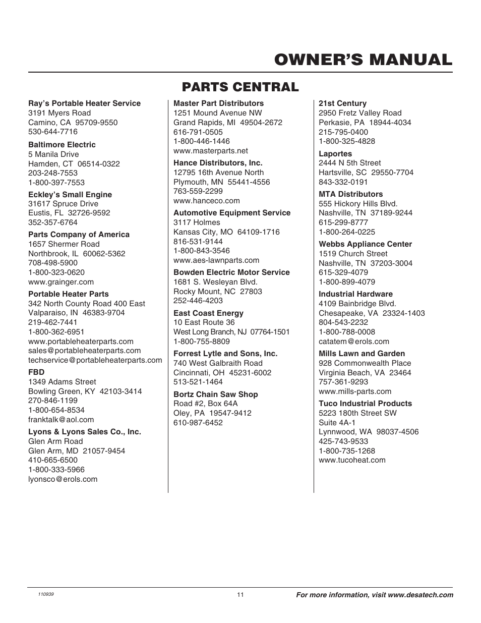 Owner’s manual, Parts central | Remington 110946-01 User Manual | Page 11 / 40