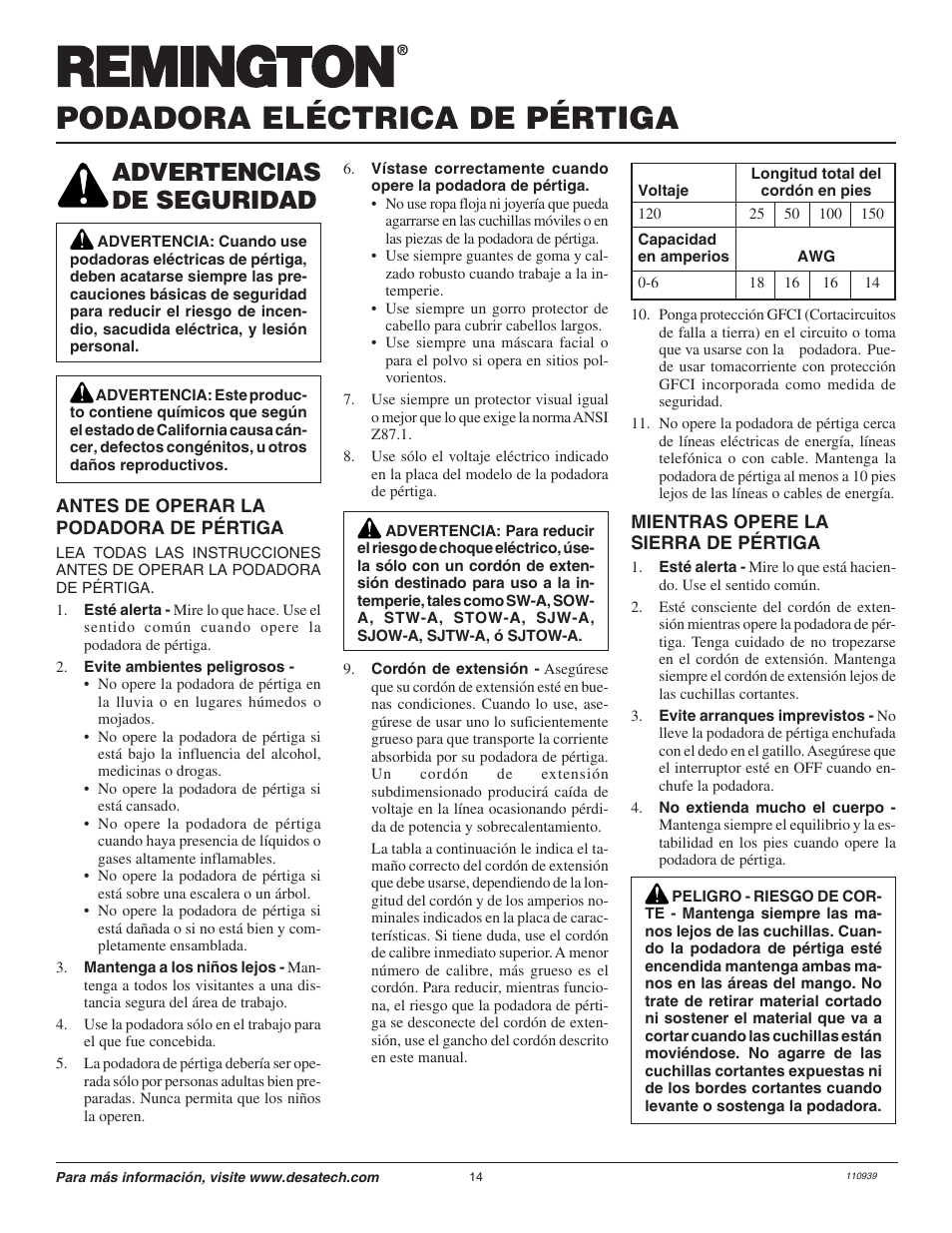Podadora eléctrica de pértiga, Advertencias de seguridad | Remington 110946-01 User Manual | Page 14 / 40