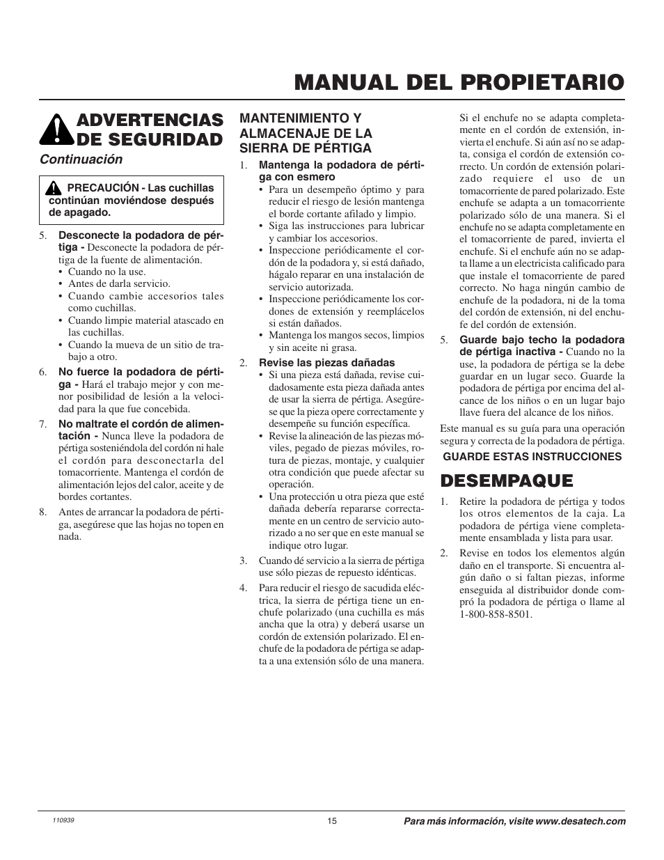 Manual del propietario, Advertencias de seguridad desempaque | Remington 110946-01 User Manual | Page 15 / 40