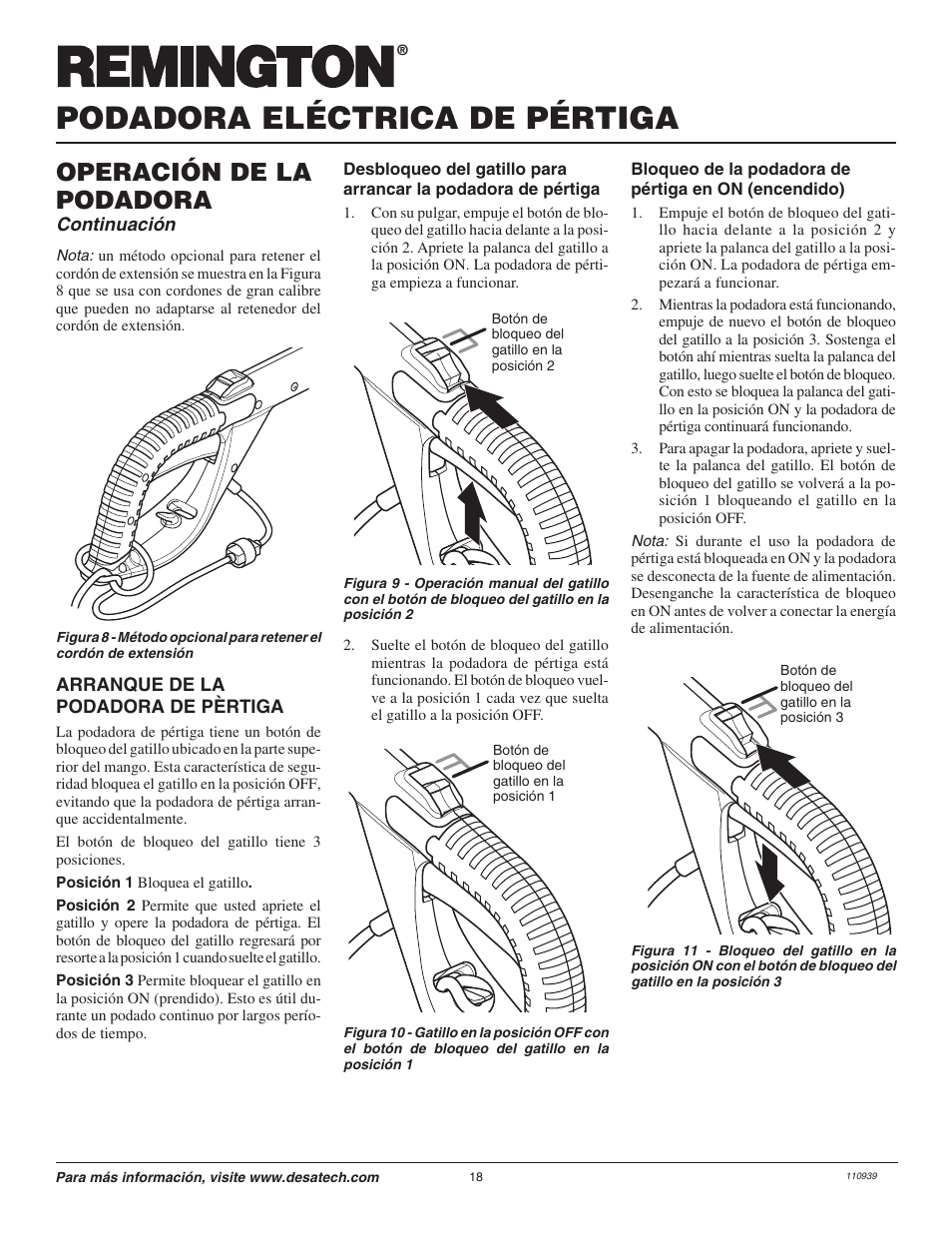 Podadora eléctrica de pértiga, Operación de la podadora, Continuación | Remington 110946-01 User Manual | Page 18 / 40