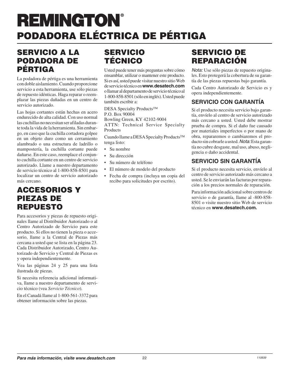 Podadora eléctrica de pértiga, Servicio a la podadora de pértiga, Servicio técnico | Servicio de reparación, Accesorios y piezas de repuesto | Remington 110946-01 User Manual | Page 22 / 40