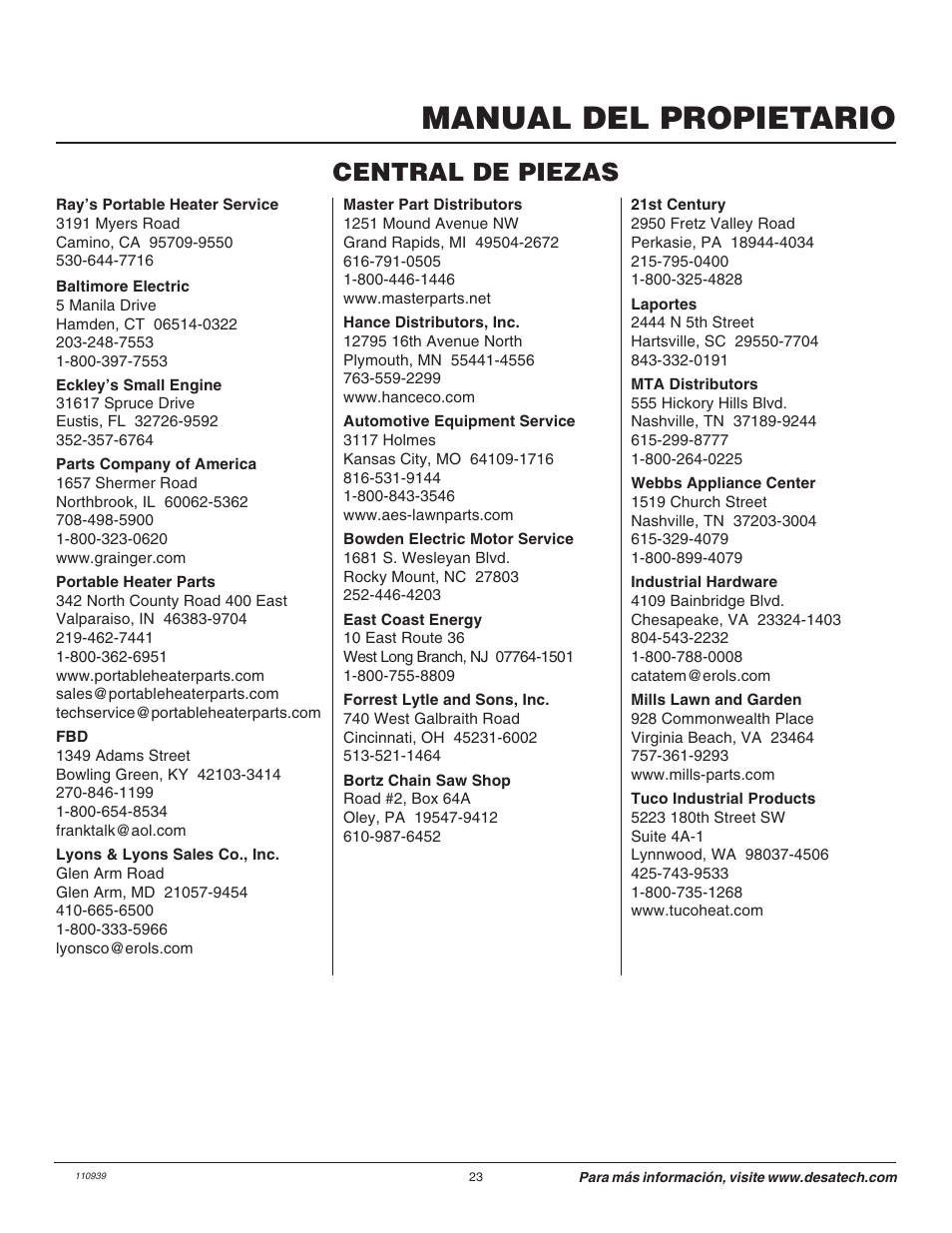 Manual del propietario, Central de piezas | Remington 110946-01 User Manual | Page 23 / 40