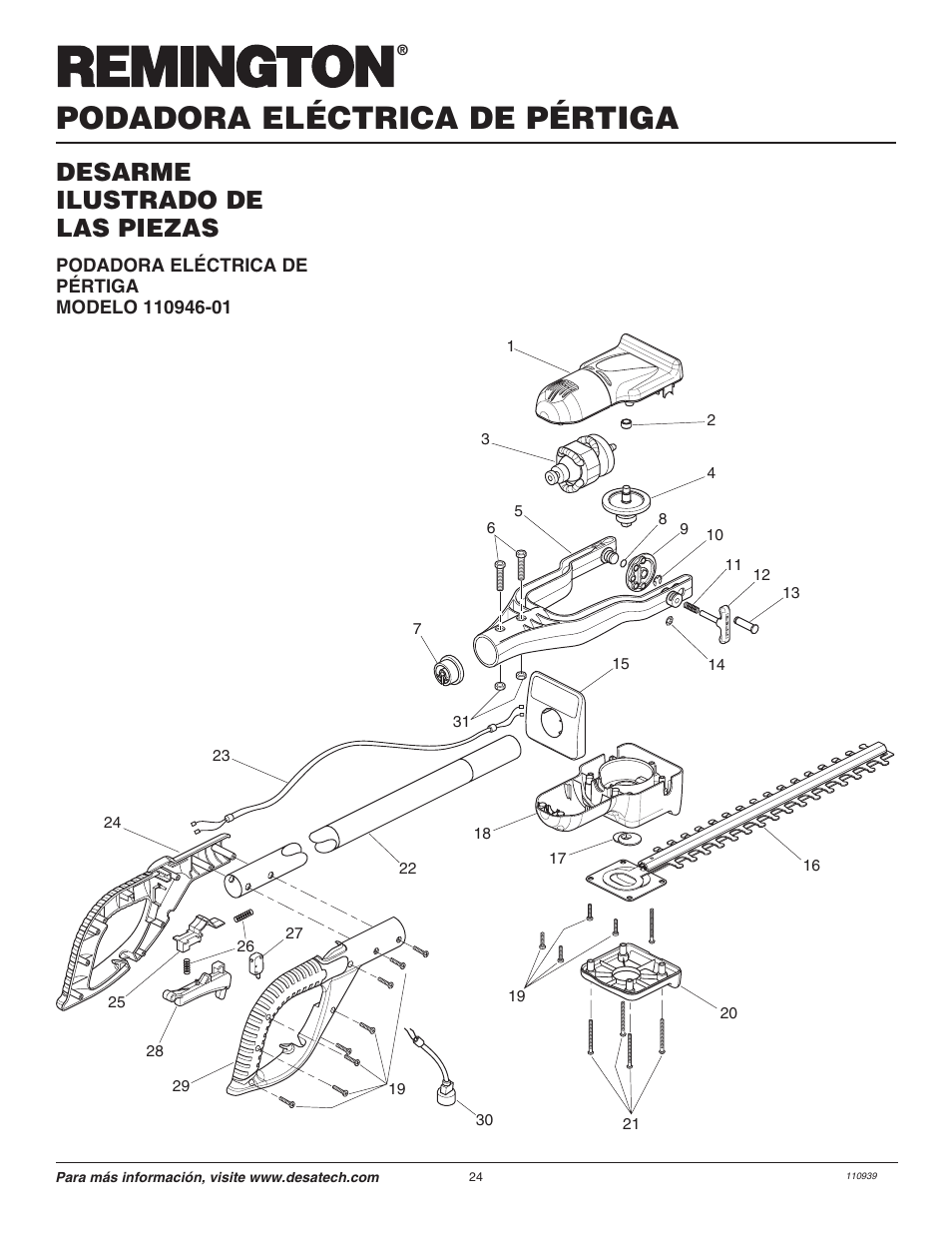 Podadora eléctrica de pértiga, Desarme ilustrado de las piezas | Remington 110946-01 User Manual | Page 24 / 40