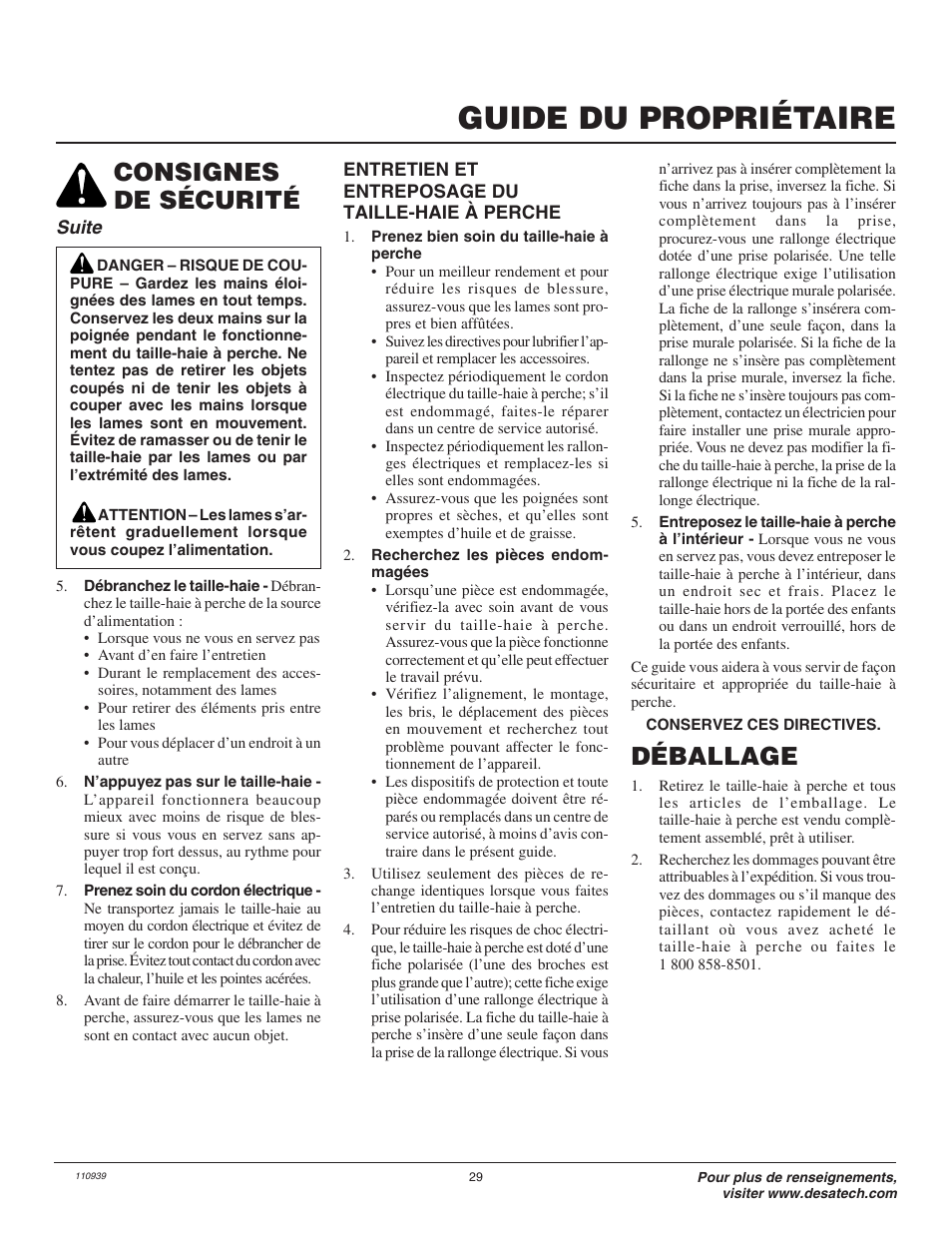 Guide du propriétaire, Consignes de sécurité déballage, Suite | Remington 110946-01 User Manual | Page 29 / 40