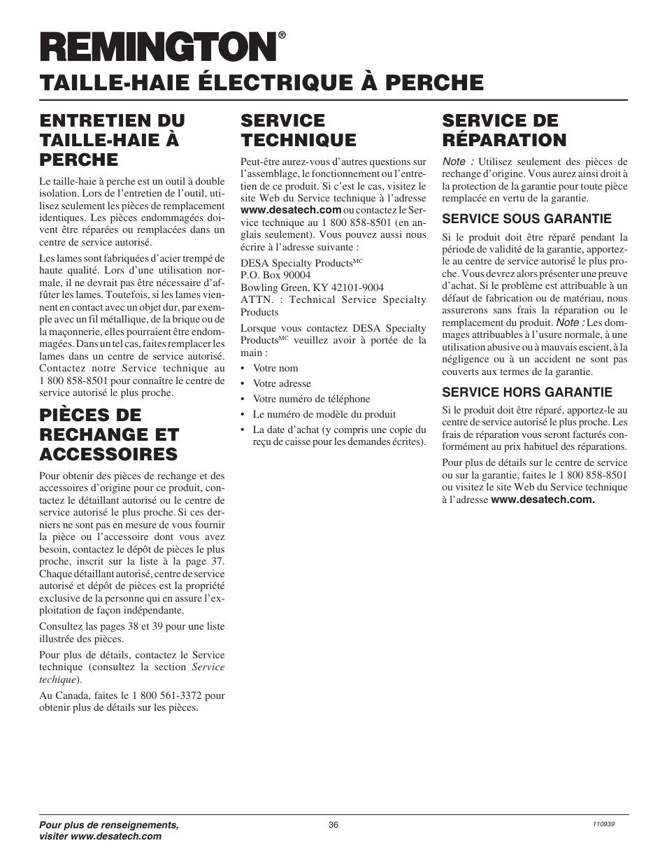 Taille-haie électrique à perche, Entretien du taille-haie à perche, Service de réparation | Service technique, Pièces de rechange et accessoires | Remington 110946-01 User Manual | Page 36 / 40
