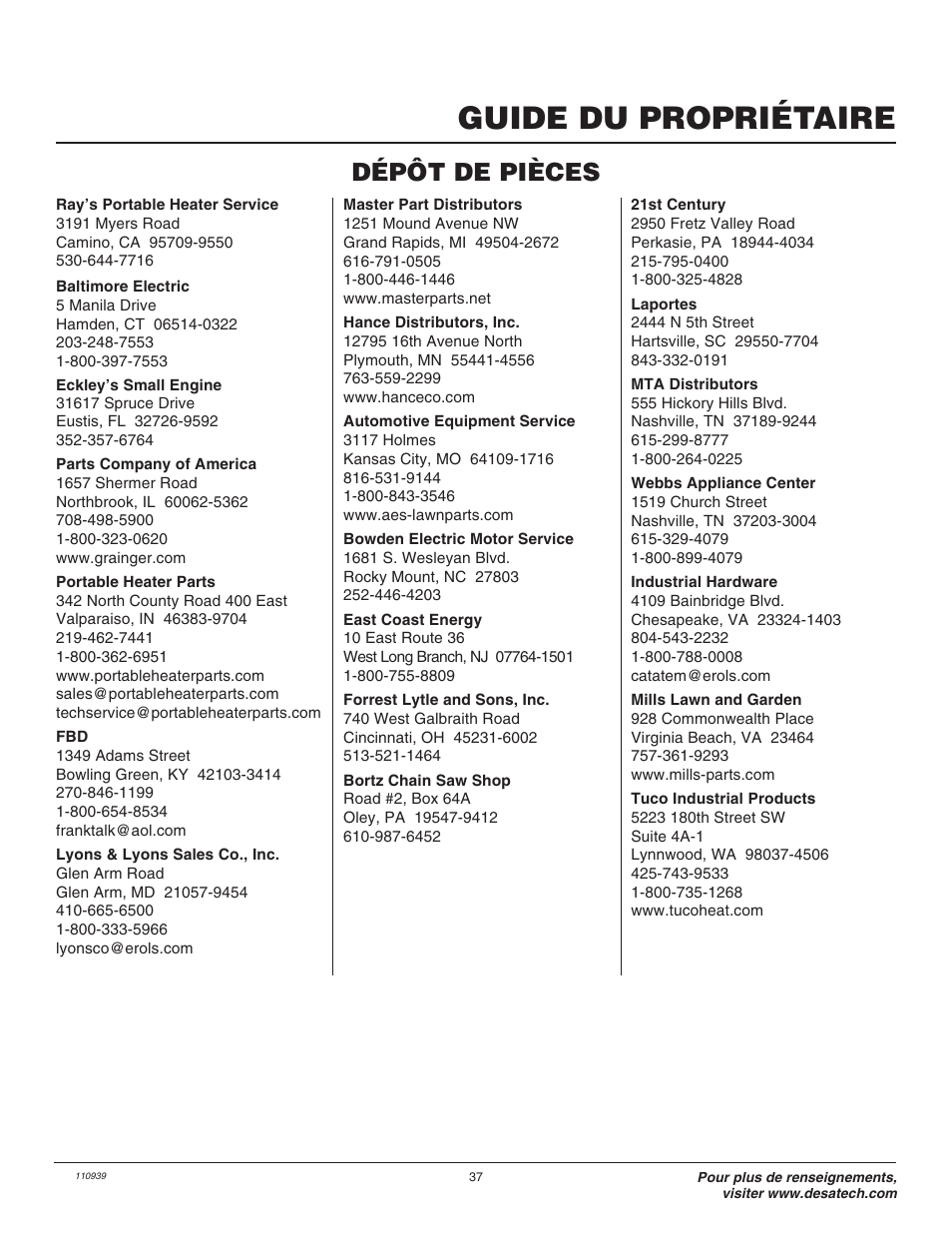 Guide du propriétaire, Dépôt de pièces | Remington 110946-01 User Manual | Page 37 / 40