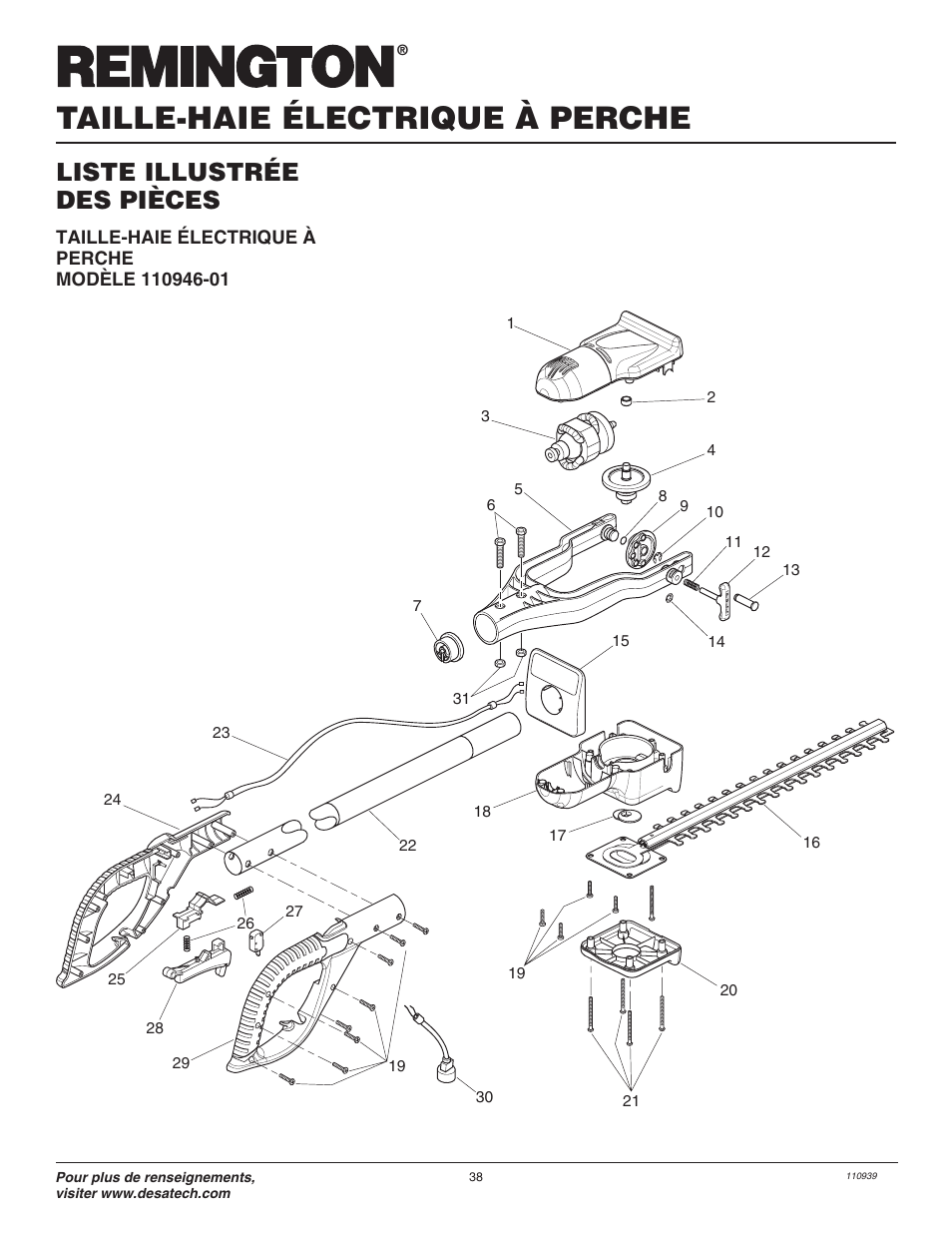 Taille-haie électrique à perche, Liste illustrée des pièces | Remington 110946-01 User Manual | Page 38 / 40