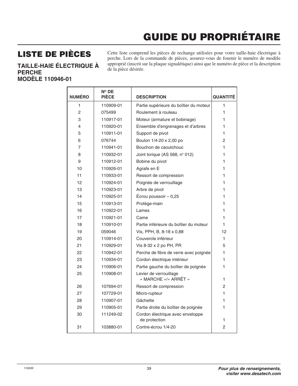 Guide du propriétaire, Liste de pièces | Remington 110946-01 User Manual | Page 39 / 40