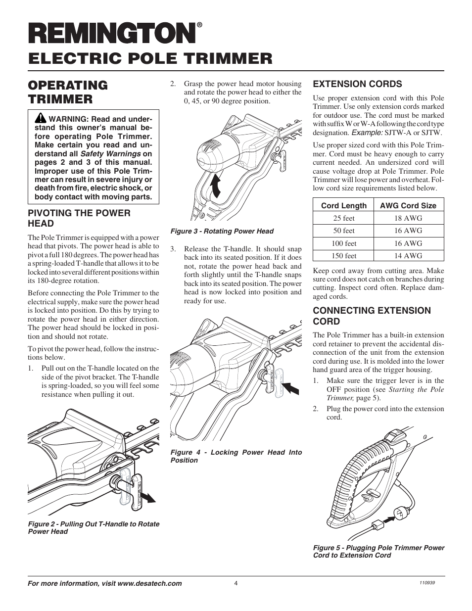 Electric pole trimmer, Operating trimmer | Remington 110946-01 User Manual | Page 4 / 40
