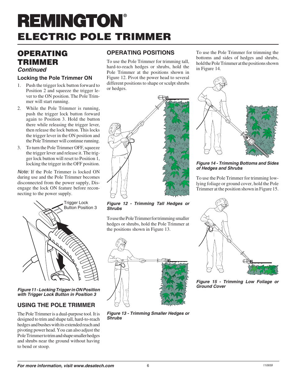 Electric pole trimmer, Operating trimmer | Remington 110946-01 User Manual | Page 6 / 40