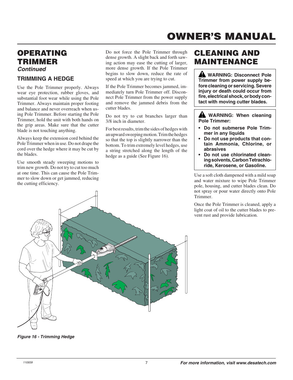 Owner’s manual, Cleaning and maintenance, Operating trimmer | Remington 110946-01 User Manual | Page 7 / 40