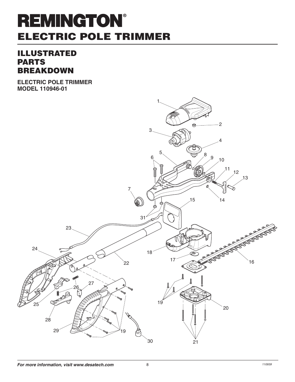 Electric pole trimmer, Illustrated parts breakdown | Remington 110946-01 User Manual | Page 8 / 40