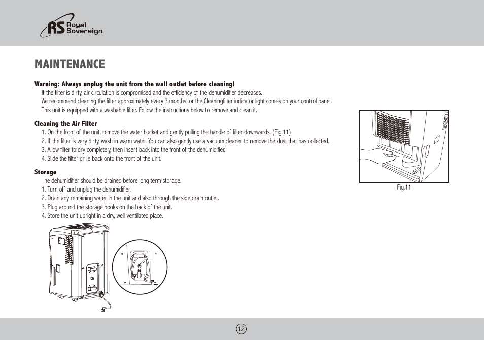 Maintenance | Royal Sovereign RDH-130 User Manual | Page 12 / 48