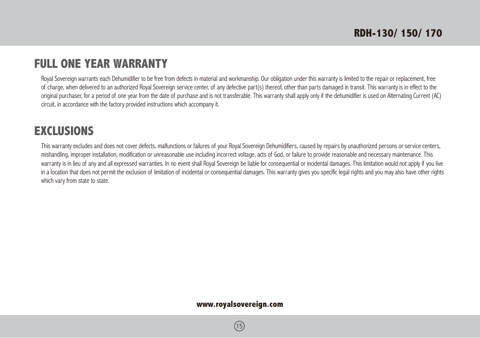 Full one year warranty, Exclusions | Royal Sovereign RDH-130 User Manual | Page 15 / 48