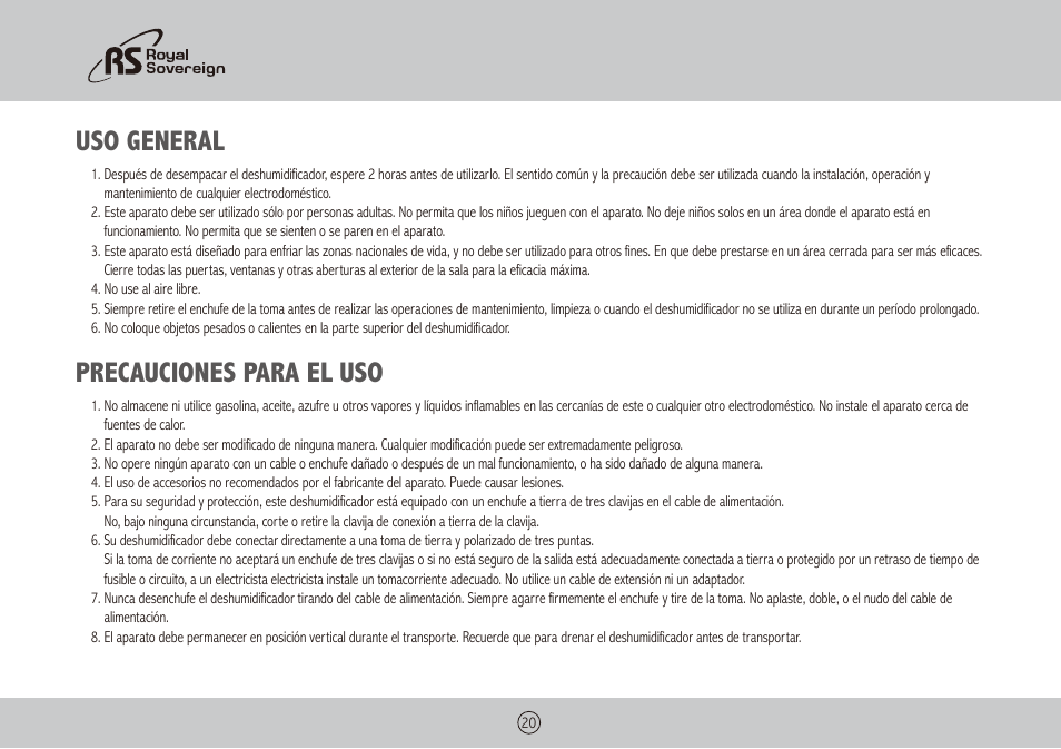 Uso general, Precauciones para el uso | Royal Sovereign RDH-130 User Manual | Page 20 / 48