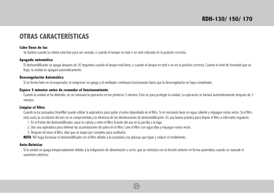 Otras características | Royal Sovereign RDH-130 User Manual | Page 25 / 48