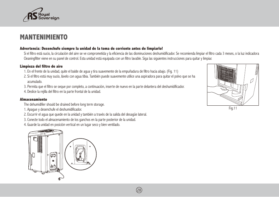 Mantenimiento | Royal Sovereign RDH-130 User Manual | Page 28 / 48