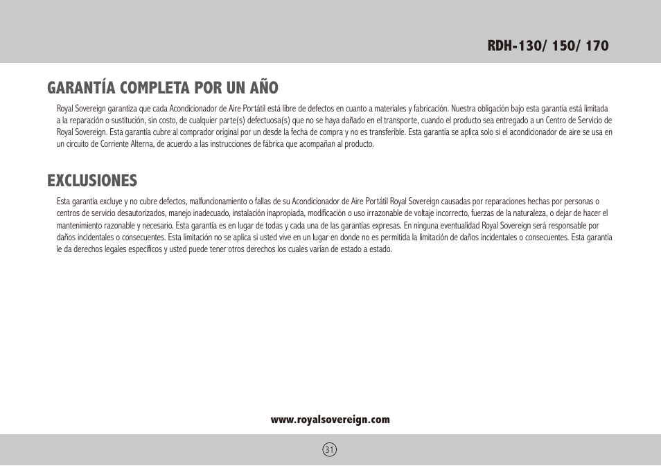 Garantía completa por un año, Exclusiones | Royal Sovereign RDH-130 User Manual | Page 31 / 48