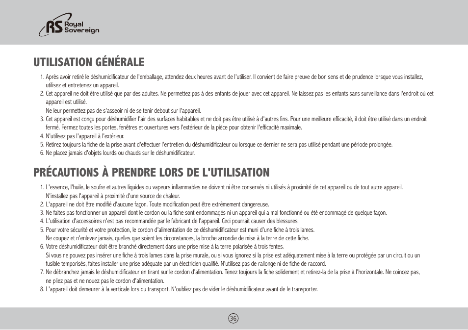 Utilisation générale, Précautions à prendre lors de l'utilisation | Royal Sovereign RDH-130 User Manual | Page 36 / 48