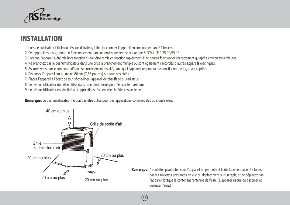 Installation | Royal Sovereign RDH-130 User Manual | Page 38 / 48