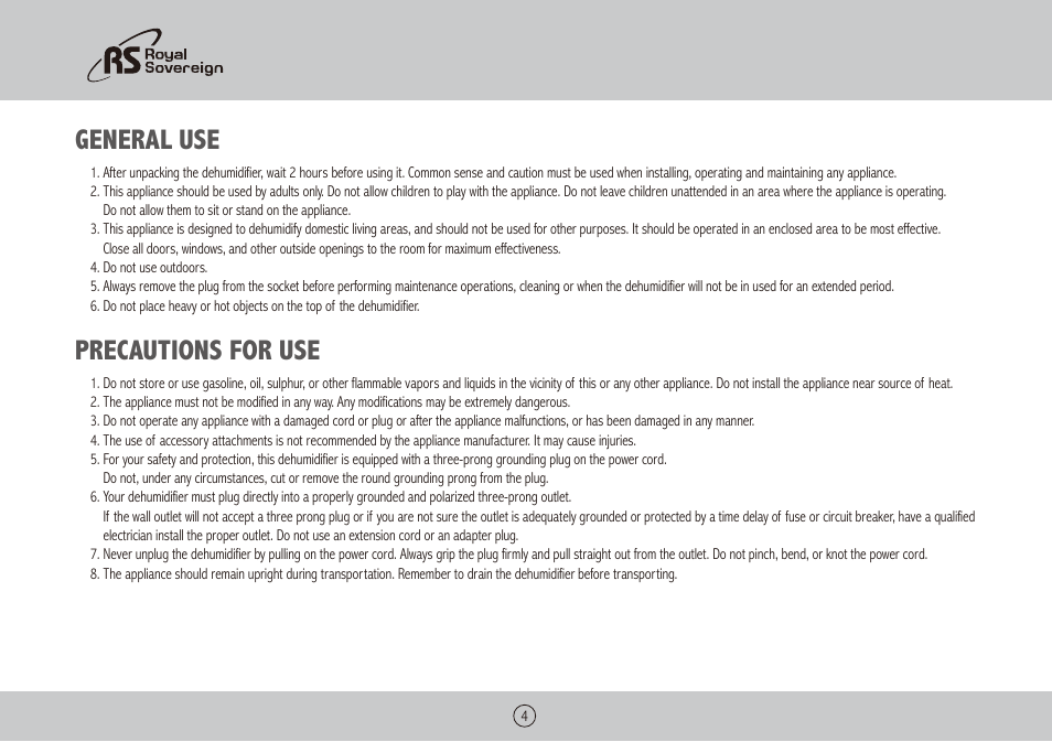 General use, Precautions for use | Royal Sovereign RDH-130 User Manual | Page 4 / 48