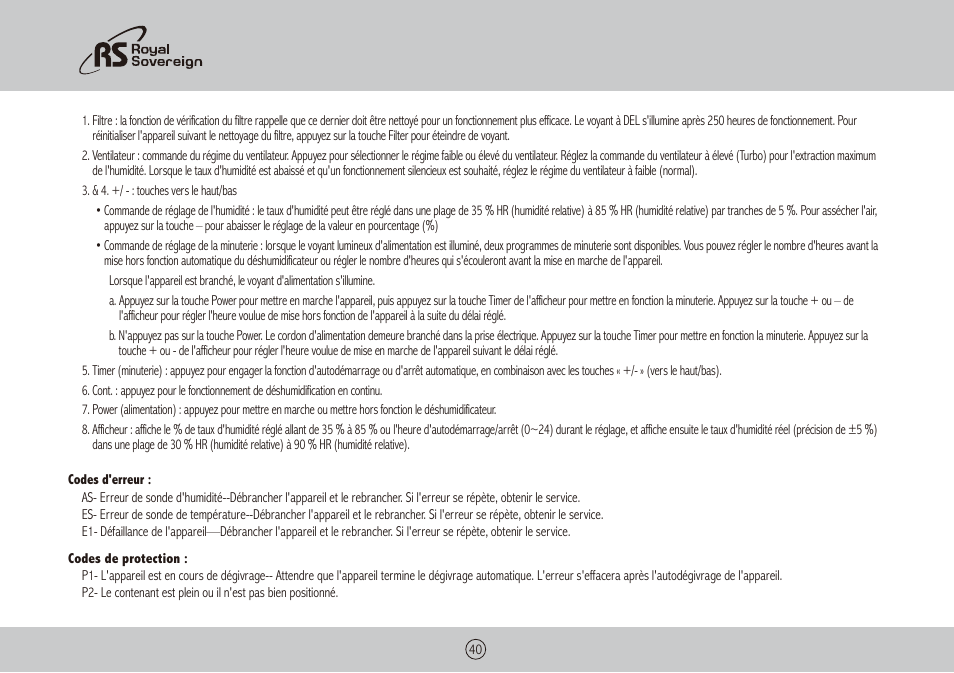 Royal Sovereign RDH-130 User Manual | Page 40 / 48