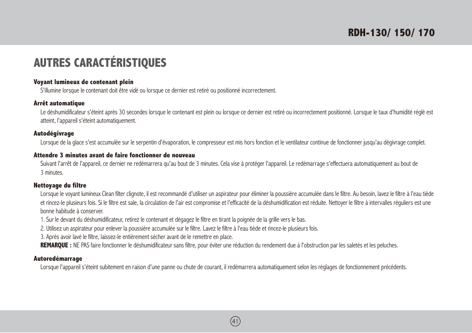 Autres caractéristiques | Royal Sovereign RDH-130 User Manual | Page 41 / 48