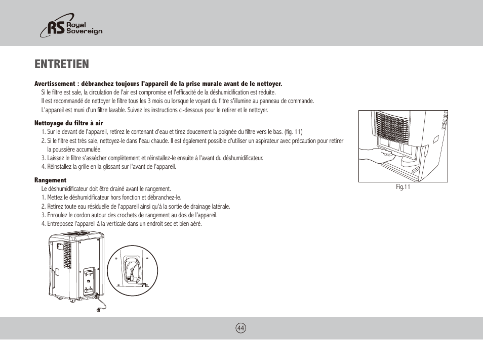 Entretien | Royal Sovereign RDH-130 User Manual | Page 44 / 48