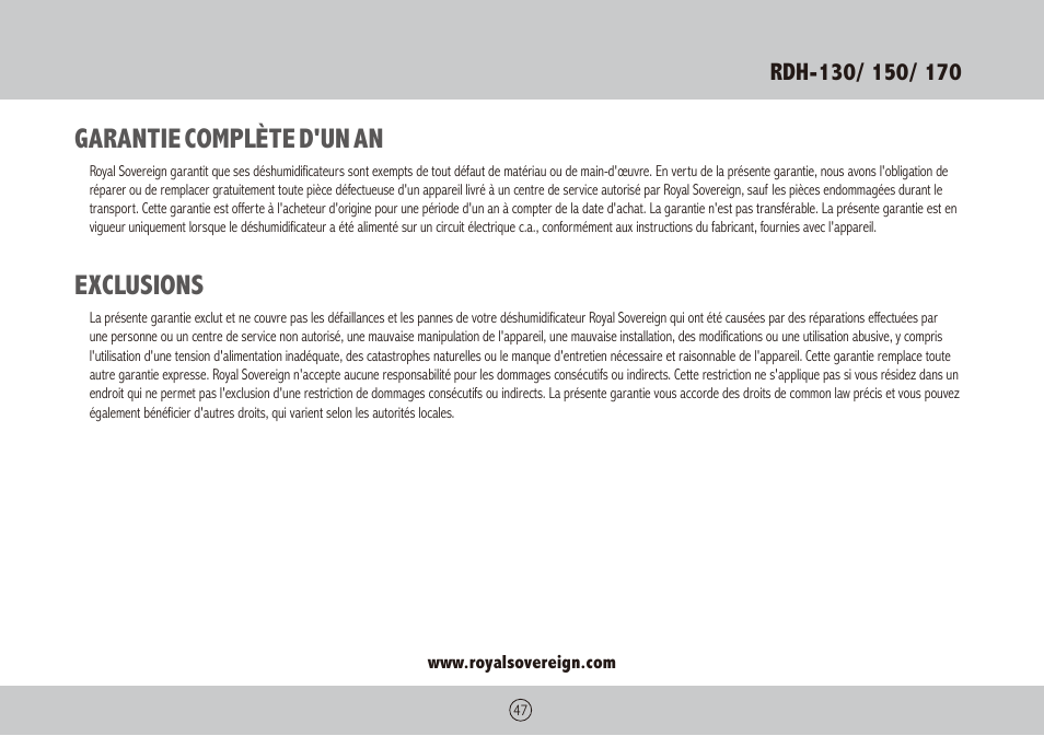 Garantie complète d'un an, Exclusions | Royal Sovereign RDH-130 User Manual | Page 47 / 48