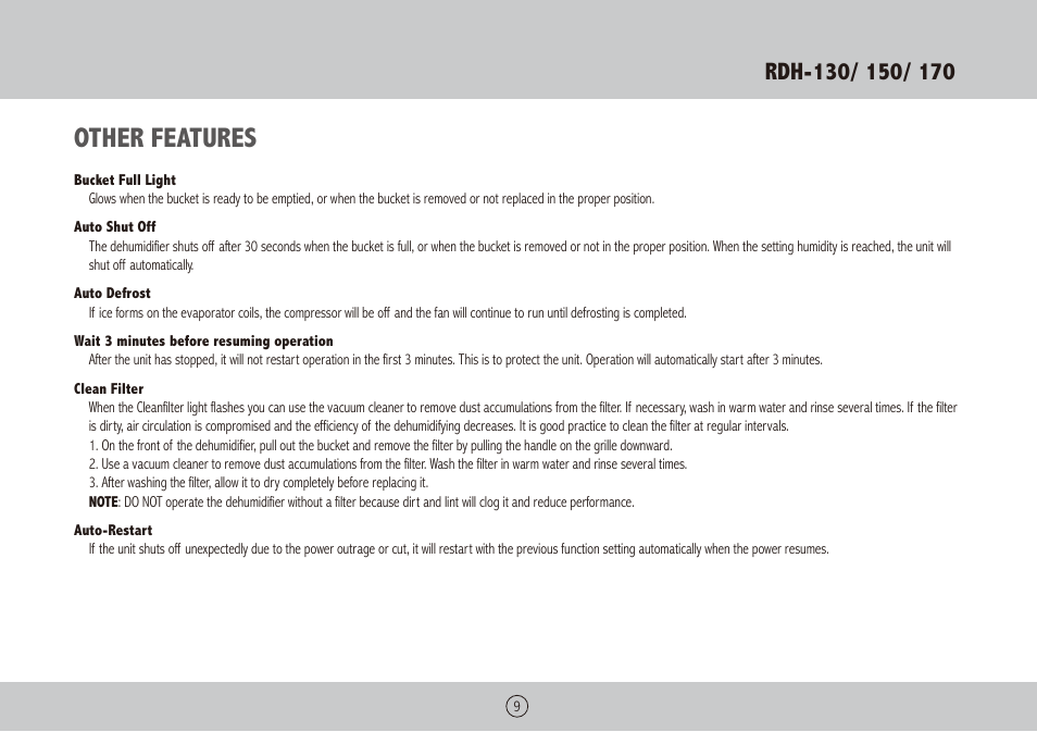 Other features | Royal Sovereign RDH-130 User Manual | Page 9 / 48