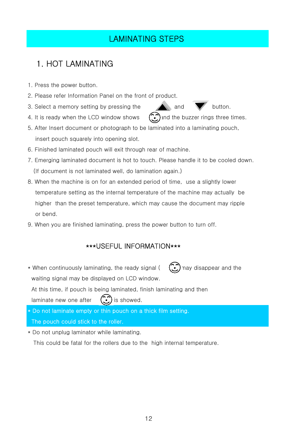Hot laminating, Laminating steps | Royal Sovereign 900N 1 User Manual | Page 12 / 18