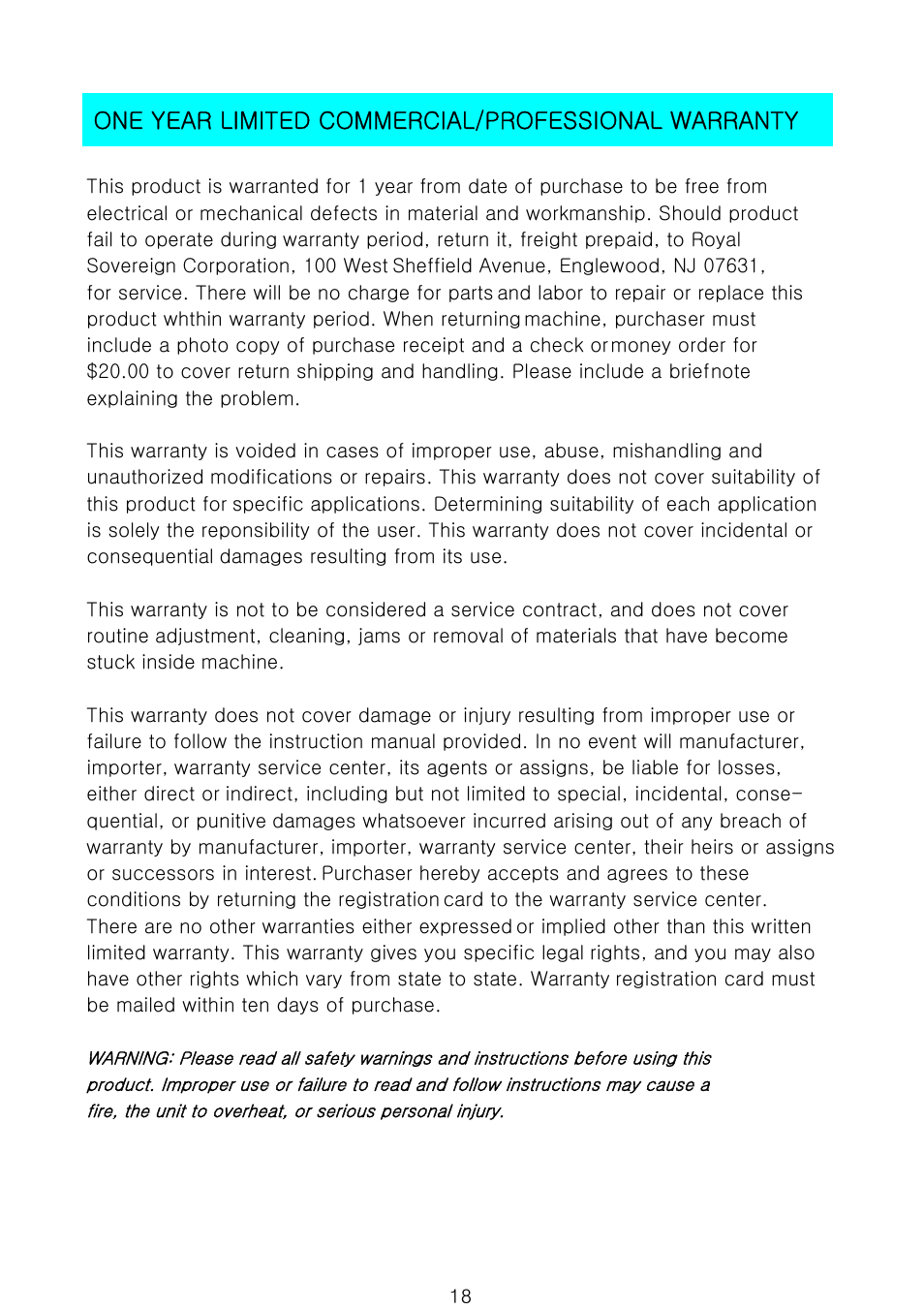 One year limited commercial/professional warranty | Royal Sovereign 900N 1 User Manual | Page 18 / 18