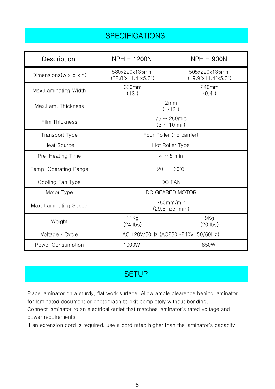 Setup, Specifications | Royal Sovereign 900N 1 User Manual | Page 5 / 18