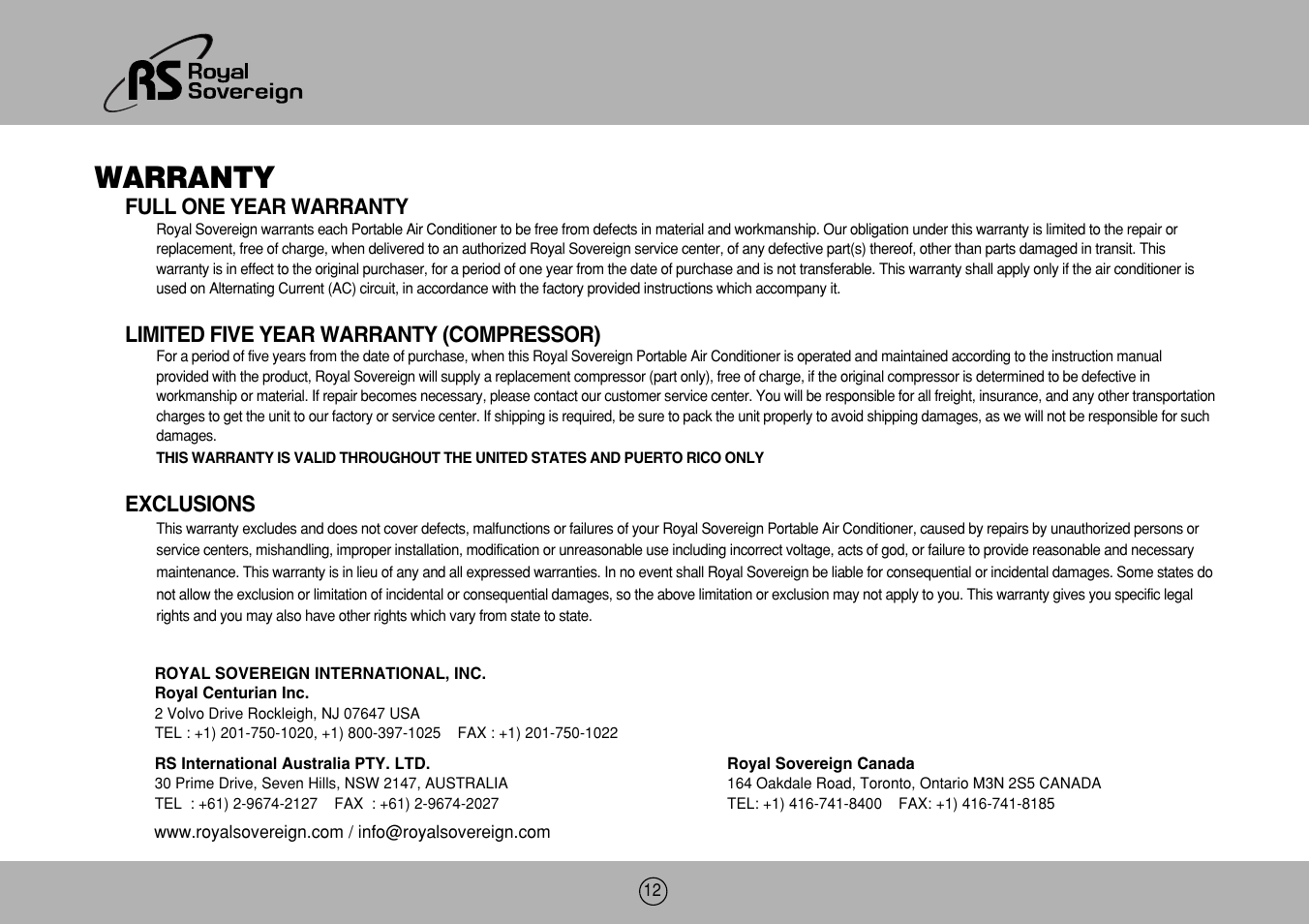 Warranty, Full one year warranty, Limited five year warranty (compressor) | Exclusions | Royal Sovereign ARP-906EC User Manual | Page 12 / 24