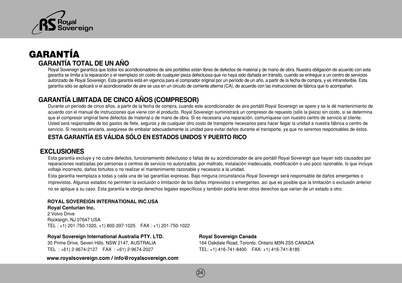 Garantía | Royal Sovereign ARP-906EC User Manual | Page 24 / 24