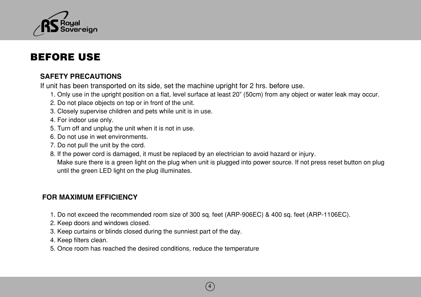 Before use | Royal Sovereign ARP-906EC User Manual | Page 4 / 24