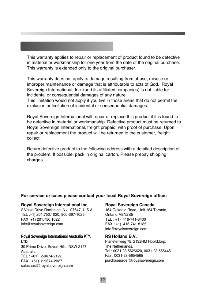 Rhd-2201, Limited one year warranty | Royal Sovereign RHD-2201 User Manual | Page 12 / 12