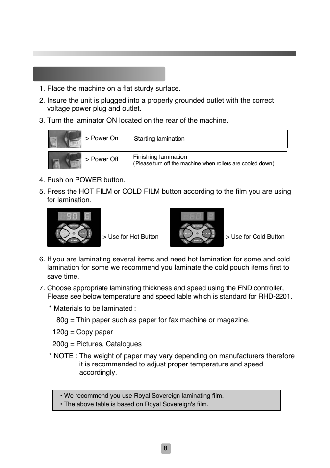 Rhd-2201, Operating instructions | Royal Sovereign RHD-2201 User Manual | Page 8 / 12