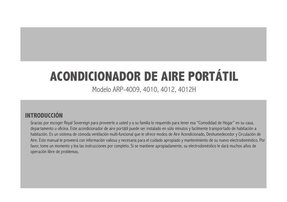 Acondicionador de aire portátil | Royal Sovereign ARP-4009 User Manual | Page 18 / 48