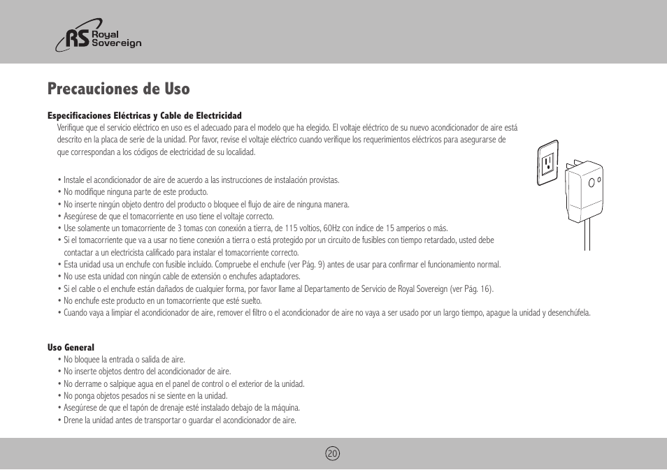 Precauciones de uso | Royal Sovereign ARP-4009 User Manual | Page 20 / 48
