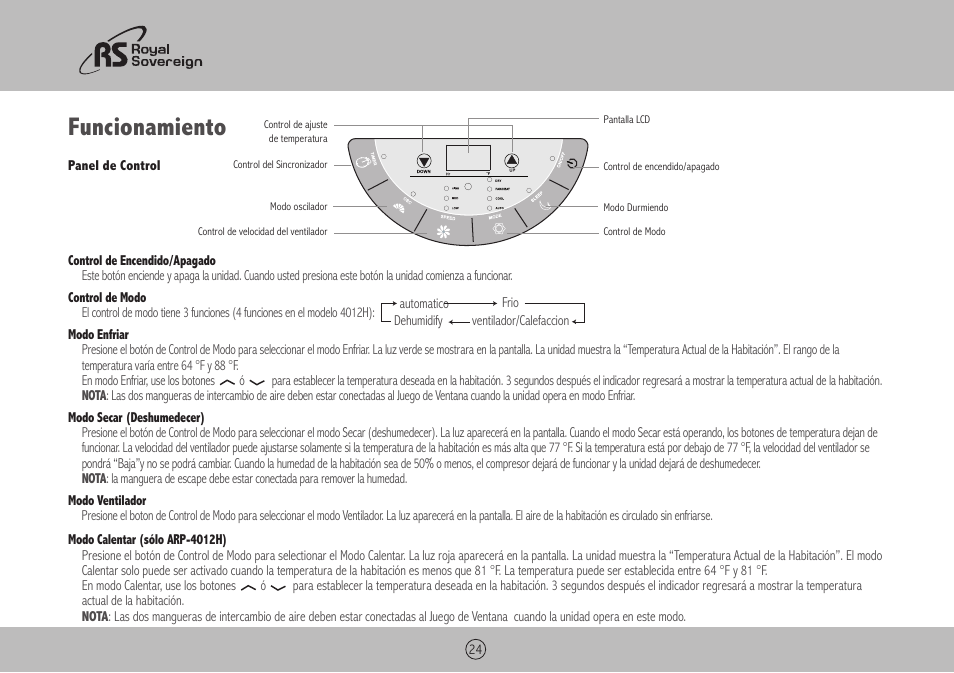 Funcionamiento | Royal Sovereign ARP-4009 User Manual | Page 24 / 48