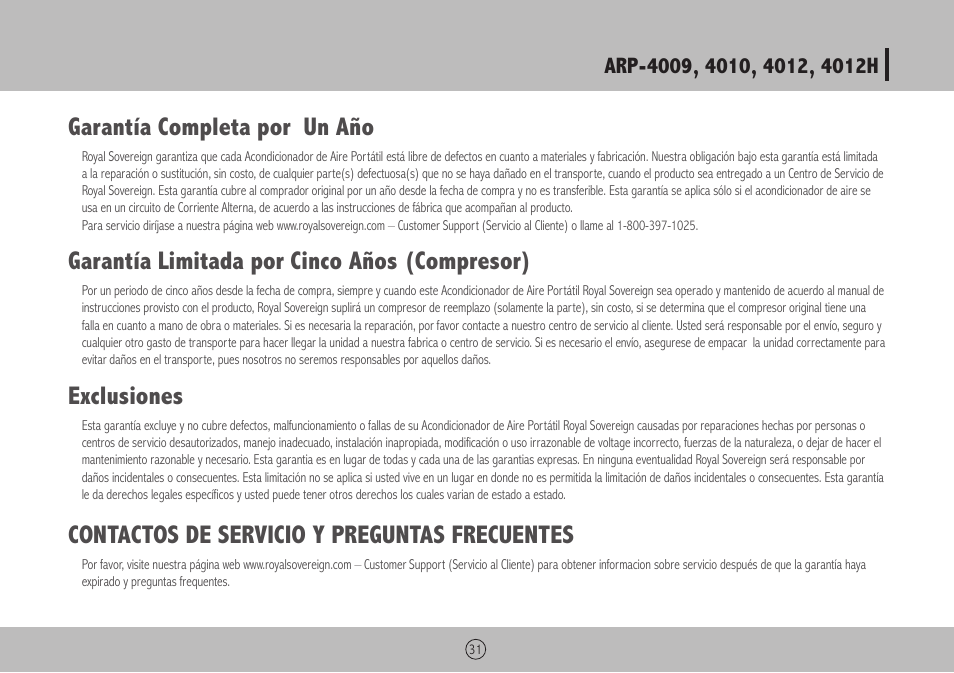 Garantía completa por un año, Garantía limitada por cinco años (compresor), Exclusiones | Contactos de servicio y preguntas frecuentes | Royal Sovereign ARP-4009 User Manual | Page 31 / 48