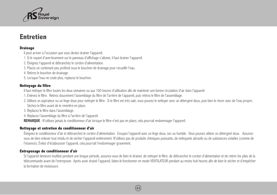 Entretien | Royal Sovereign ARP-4009 User Manual | Page 44 / 48