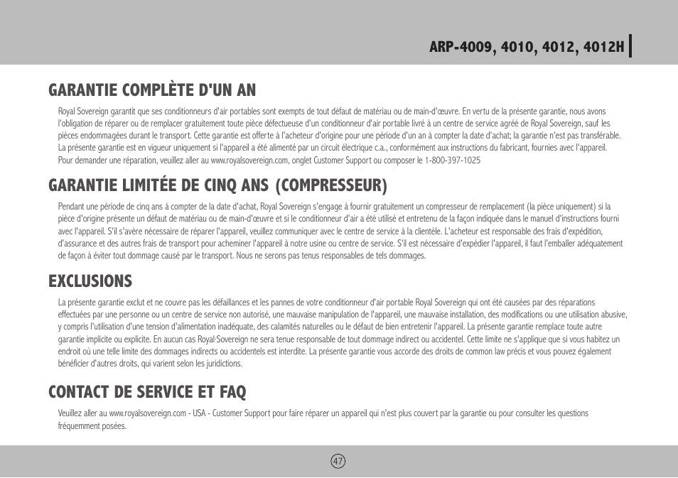 Garantie complète d'un an, Garantie limitée de cinq ans (compresseur), Exclusions | Contact de service et faq | Royal Sovereign ARP-4009 User Manual | Page 47 / 48