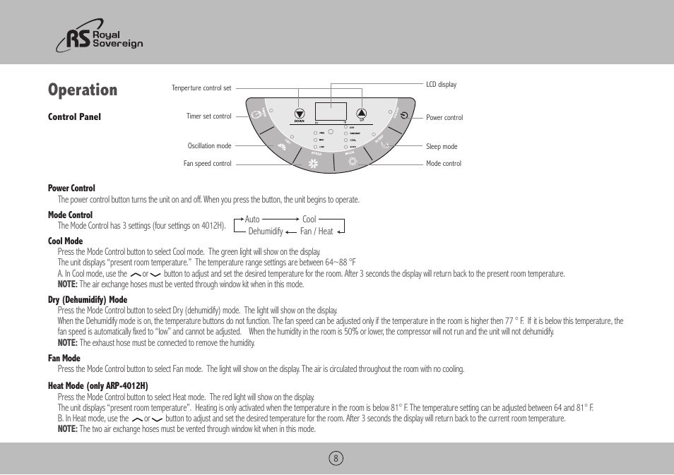 Operation | Royal Sovereign ARP-4009 User Manual | Page 8 / 48